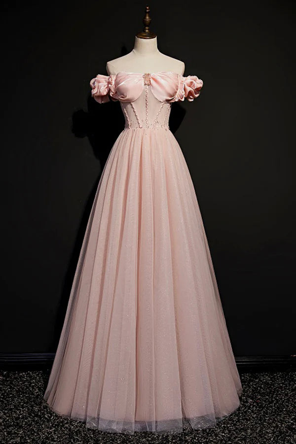 Wholesale Pink Tulle Beaded Long A-Line Prom Dress Pink Off the Shoulder Evening Dress